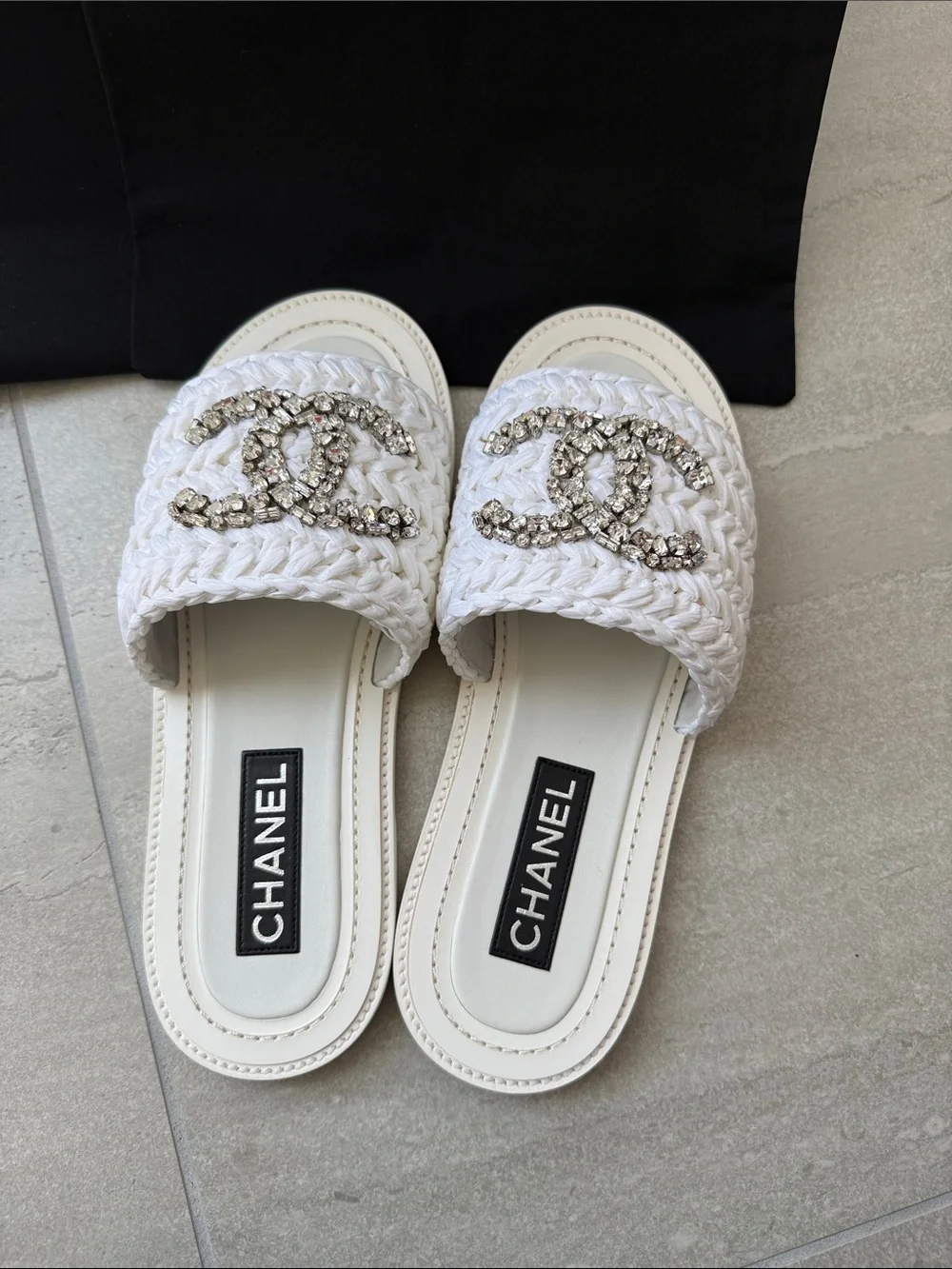 CHANEL White Braided Crystal CC Slide Sandals